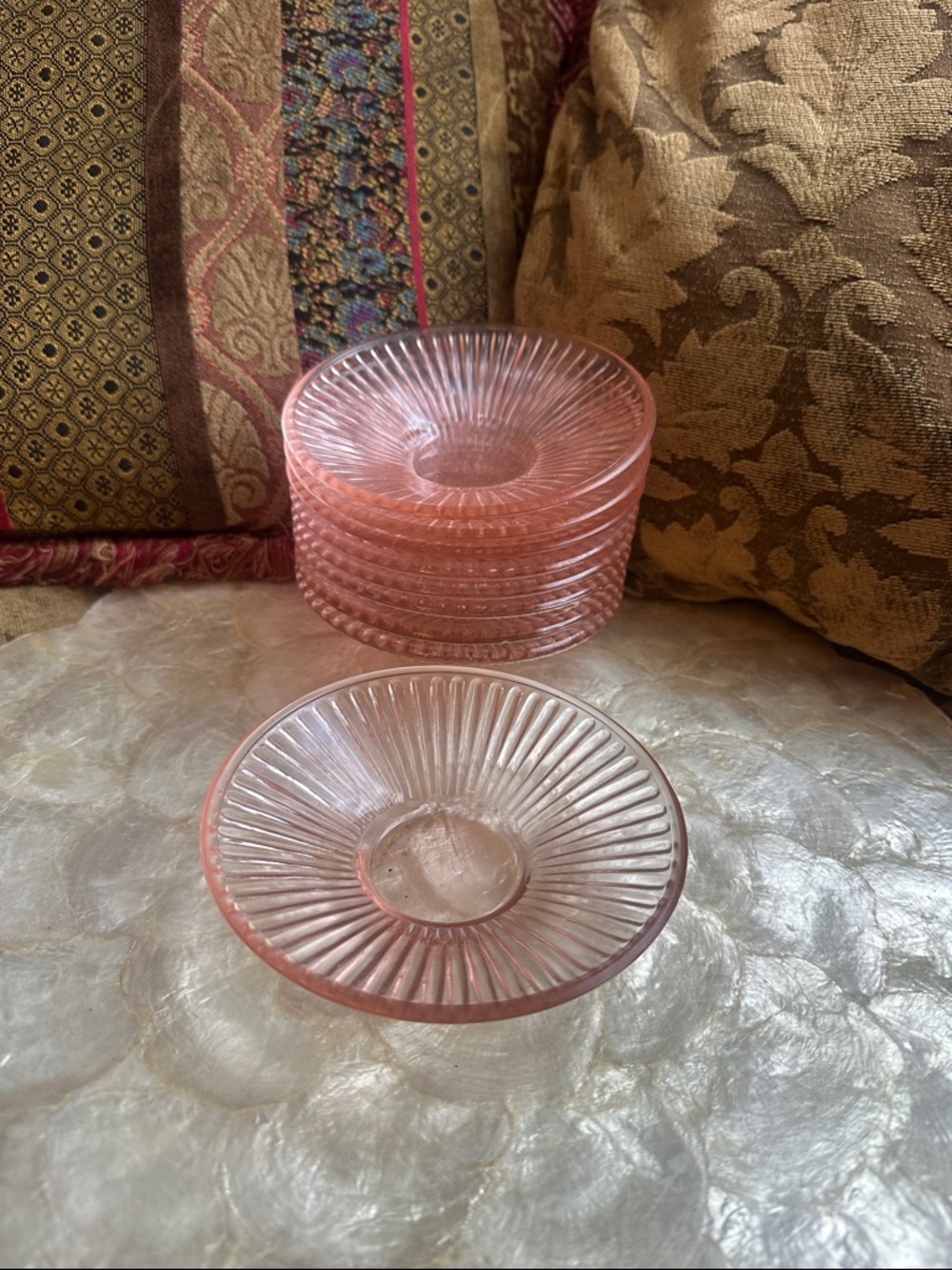 Set of Pink Pressed Glass Votive candle holders- Radiant Ribbed Design (9 pcs)